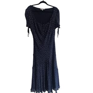 Vintage Laura Ashley Silk Lined Polka Dot Midi Dress - Size 14 Bias Cut